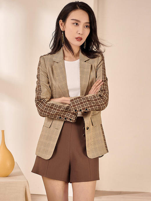 剩M/L/XL 米思阳2024秋装新款时尚复古格子系带修身显瘦拼接西装外套女0925 商品图2