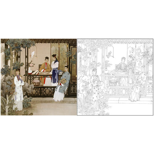 王美芳工笔传统仕女人物白描底稿《书香门第》-斗方小品册页-多种白描尺寸可选-B171 商品图0