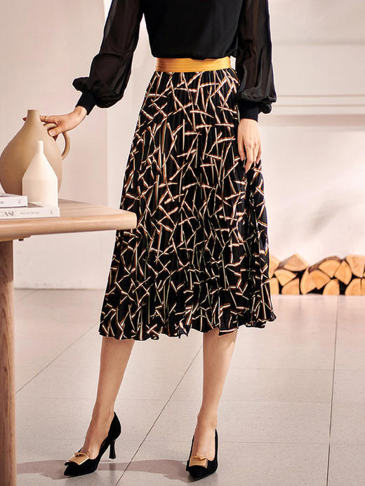 剩S/M/L 米思阳2026春季新款复古优雅印花醋酸拼接高腰显瘦百褶半身裙0485 商品图2