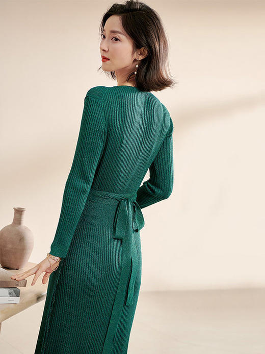 剩XL 米思阳春装新款气质名媛针织流苏系带修身显瘦V领连衣裙0393 商品图3