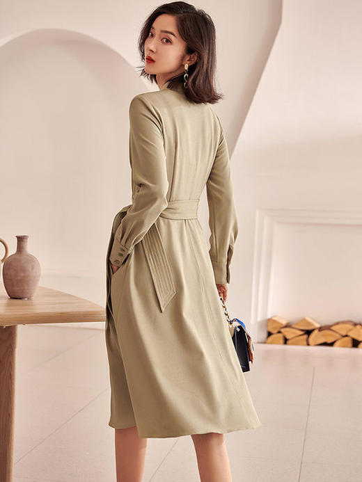 剩S 米思阳2024秋装新款气质减龄豆绿色中长款系带收腰大摆连衣裙0575 商品图2