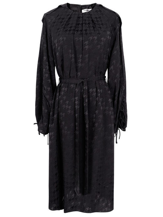 剩M/L/XL/XXL 米思阳2025秋装新款时尚复古千鸟格提花系带收腰醋酸连衣裙0197 商品图4