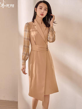 剩M 米思阳春装新款知性气质拼接格子修身显瘦不对称连衣裙0568
