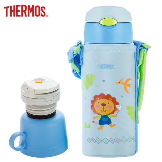 膳魔师lion系列高真空儿童双盖保温壶保温杯吸管直饮两用学饮杯蓝色狮子FFG-603WFBL 商品图0