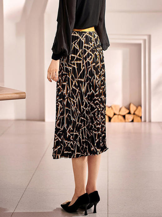 剩S/M/L 米思阳2026春季新款复古优雅印花醋酸拼接高腰显瘦百褶半身裙0485 商品图3