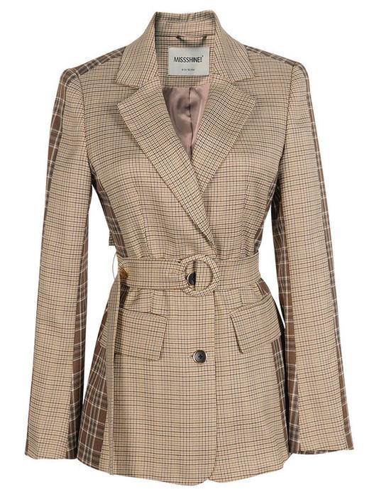 剩M/L/XL 米思阳2024秋装新款时尚复古格子系带修身显瘦拼接西装外套女0925 商品图4