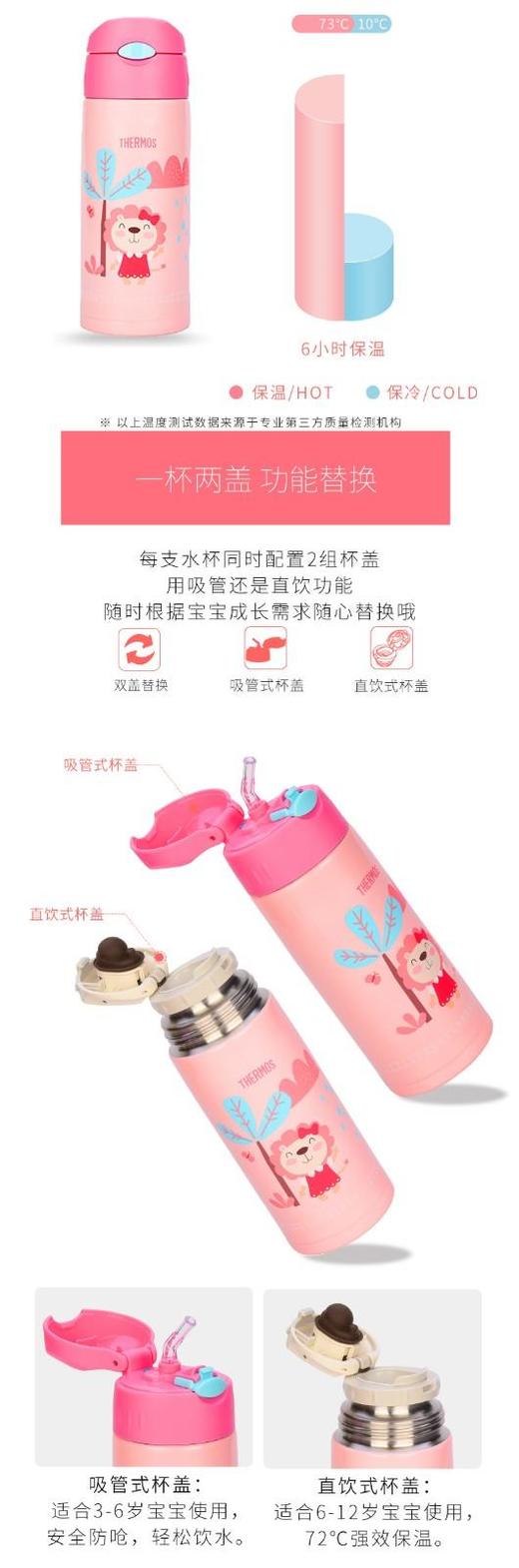 膳魔师lion系列高真空儿童双盖保温壶保温杯吸管直饮两用学饮杯蓝色狮子FFG-603WFBL 商品图6