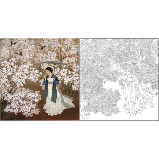王美芳工笔传统仕女人物白描底稿《海棠枝上问春归》-斗方小品册页-多种白描尺寸可选-B170 商品图0