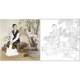 工笔传统仕女人物白描底稿-王美芳《海棠》-斗方小品册页-多种白描尺寸可选-B133
