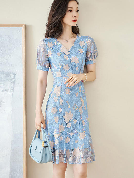 米思阳夏季新款时尚名媛气质荷叶边蕾丝裙修身显瘦连衣裙0900 商品图2