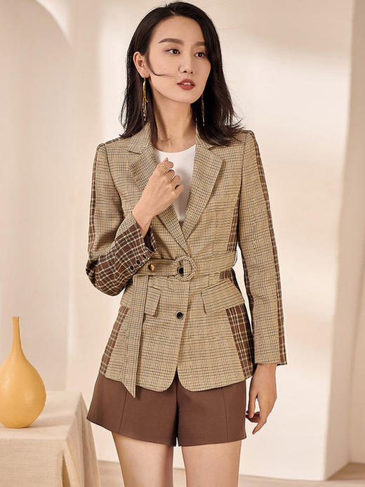剩M/L/XL 米思阳2024秋装新款时尚复古格子系带修身显瘦拼接西装外套女0925 商品图1