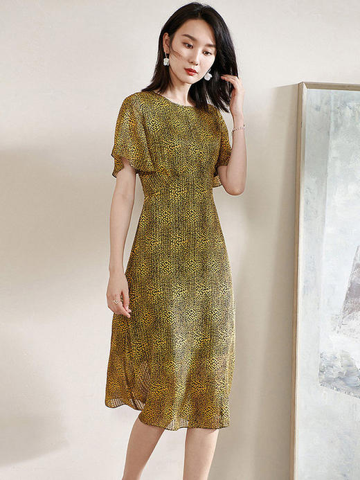 剩S/M/L 米思阳2025夏季新款气质复古印花中长裙修身显瘦短袖连衣裙1109 商品图2