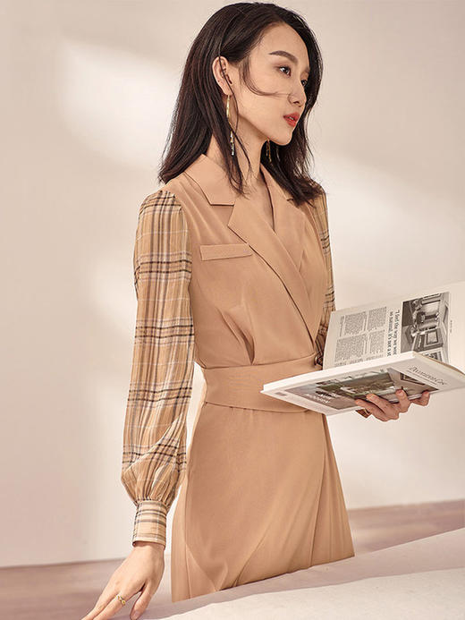 剩M 米思阳春装新款知性气质拼接格子修身显瘦不对称连衣裙0568 商品图1