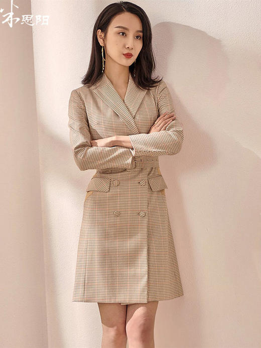 剩XXL 米思阳2022秋装新款知性通勤双排扣系带收腰复古格子连衣裙0637 商品图0