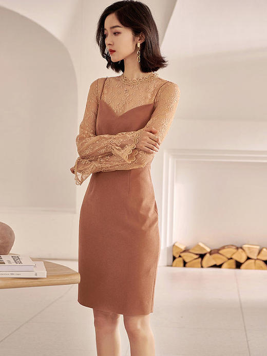 剩L 米思阳新款气质名媛假两件包臀裙拼接蕾丝吊带连衣裙0463 商品图2