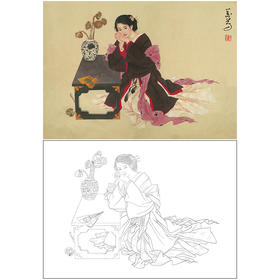 工笔传统仕女人物白描底稿-王美芳《犹闻荷香》-斗方小品册页-多种白描尺寸可选-B142