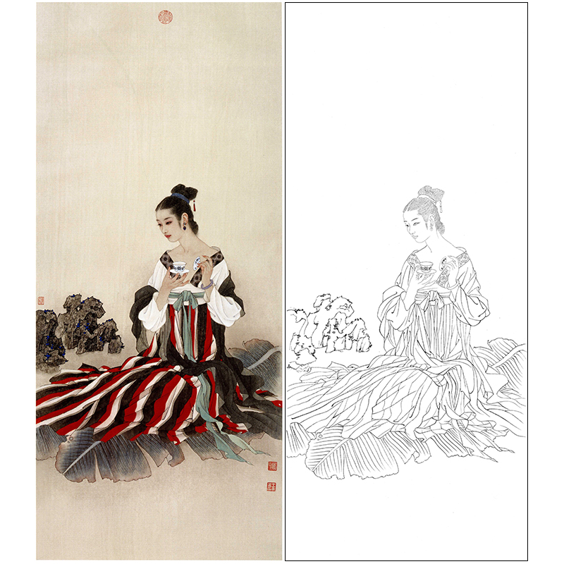 王美芳竖幅工笔传统仕女人物白描底稿《解语花之四》-多种白描尺寸可选-B178