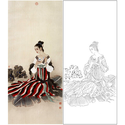 王美芳竖幅工笔传统仕女人物白描底稿《解语花之四》-多种白描尺寸可选-B178 商品图0