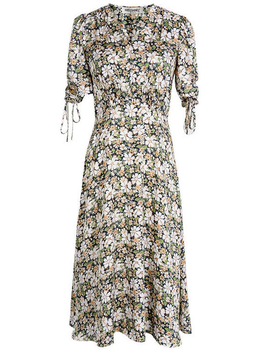 剩S/M/L 米思阳2025夏季新款法式优雅大摆连衣裙修身显瘦泡泡袖碎花裙0820 商品图4