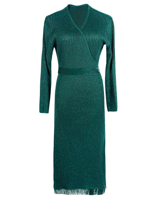 剩XL 米思阳春装新款气质名媛针织流苏系带修身显瘦V领连衣裙0393 商品图4