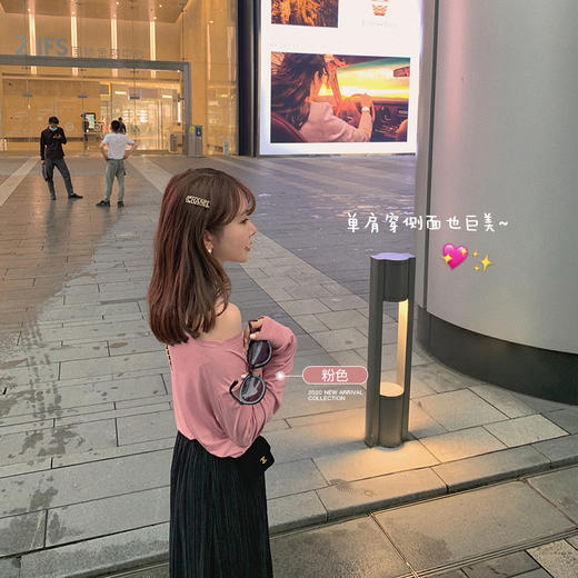 金蘑菇菇【露肩懒人t】特价断码不退不换~一字领露肩纯色长袖t恤女 商品图3