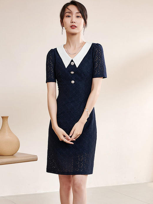 剩S 米思阳夏季新款气质减龄娃娃领修身显瘦短袖蕾丝连衣裙1311 商品图2