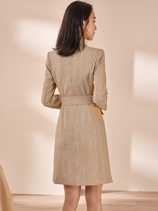 剩XXL 米思阳2022秋装新款知性通勤双排扣系带收腰复古格子连衣裙0637 商品图3