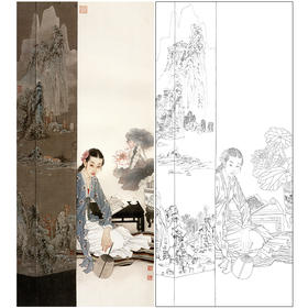 竖幅工笔传统仕女人物白描底稿-王美芳《蝉》-多种白描尺寸可选-B174