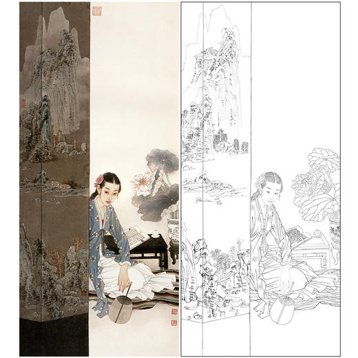 竖幅工笔传统仕女人物白描底稿-王美芳《蝉》-多种白描尺寸可选-B174 商品图0