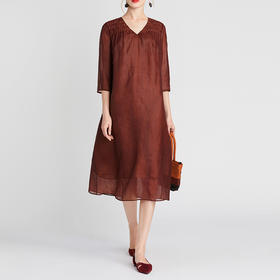 TANGY Collection/天意精品2021年春夏新品明线刺绣真丝柯莨连衣裙