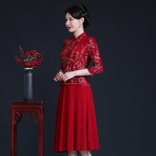 上海旗袍厂JC-JY5093秋装网纱刺绣拼接婚宴喜庆喜婆婆大码连衣裙 商品图2