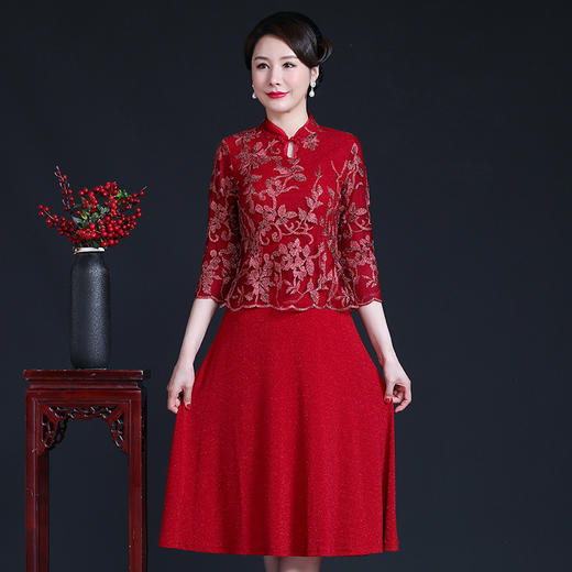 上海旗袍厂JC-JY5093秋装网纱刺绣拼接婚宴喜庆喜婆婆大码连衣裙 商品图0