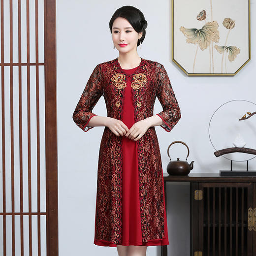 上海旗袍厂JC-JY927春夏时尚气质复古风刺绣圆领中长款女装连衣裙 商品图0