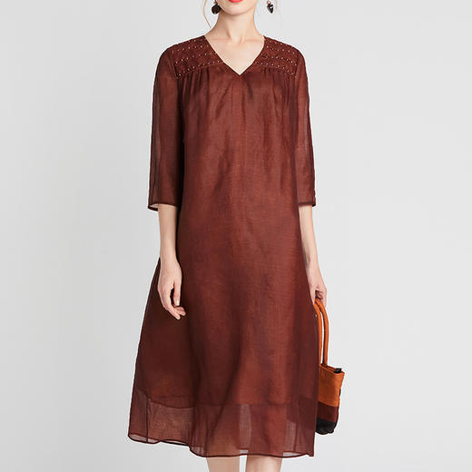 TANGY Collection/天意精品2021年春夏新品明线刺绣真丝柯莨连衣裙 商品图3