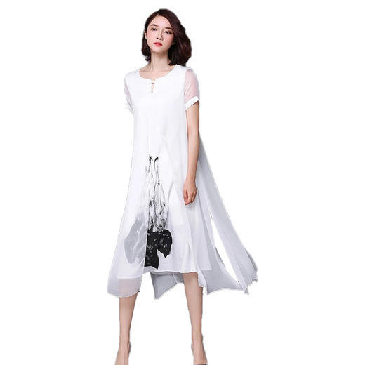 YS-1150复古仿真丝短袖拼接印花雪纺大码连衣裙 商品图3