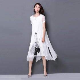 YS-1150复古仿真丝短袖拼接印花雪纺大码连衣裙