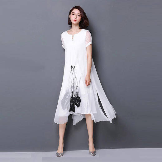 YS-1150复古仿真丝短袖拼接印花雪纺大码连衣裙 商品图0