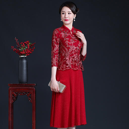 上海旗袍厂JC-JY5093秋装网纱刺绣拼接婚宴喜庆喜婆婆大码连衣裙 商品图3