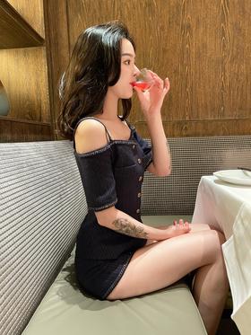 黑标九十年代芭比小香风性感露肩套装