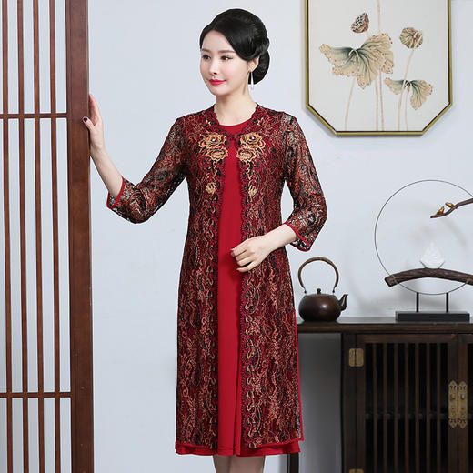 上海旗袍厂JC-JY927春夏时尚气质复古风刺绣圆领中长款女装连衣裙 商品图1
