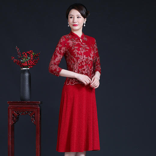 上海旗袍厂JC-JY5093秋装网纱刺绣拼接婚宴喜庆喜婆婆大码连衣裙 商品图1