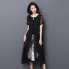YS-1150复古仿真丝短袖拼接印花雪纺大码连衣裙 商品缩略图1