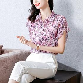 MZ104409夏设计感上衣复古港味港风花网红碎花短袖雪纺衬衫衬衣