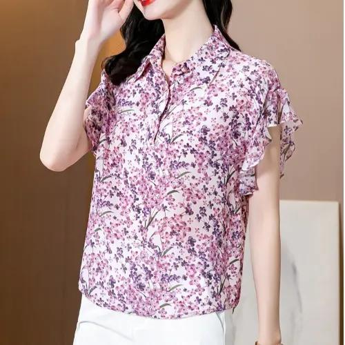 MZ104409夏设计感上衣复古港味港风花网红碎花短袖雪纺衬衫衬衣 商品图2