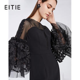 EITIE爱特爱秋季新款网纱镂空气质包臀喇叭袖长款礼服连衣裙