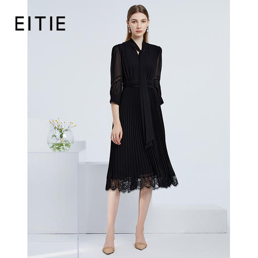EITIE爱特爱秋季新款气质飘带V领七分袖显瘦A字百褶连衣裙女6507231 商品图1