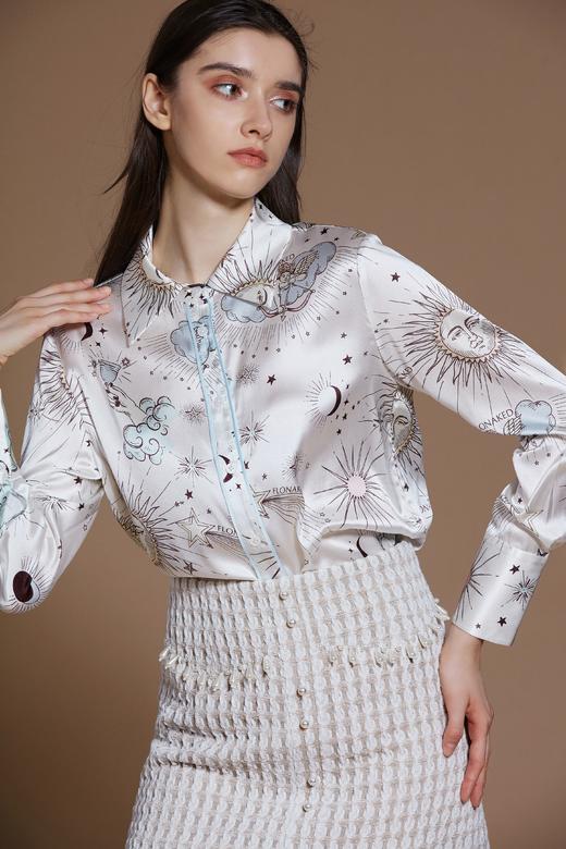 香槟色星云手绘印花弹力真丝缎衬衣 商品图0