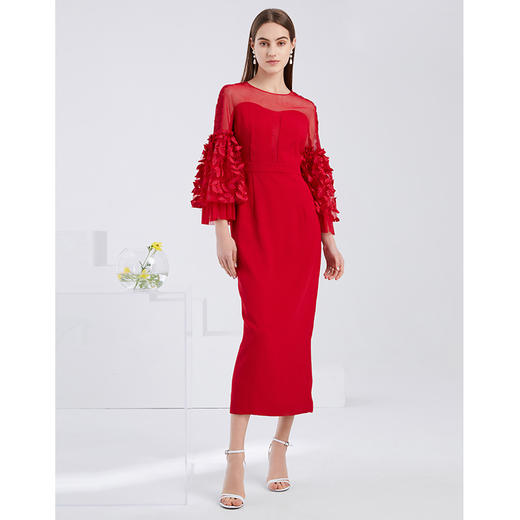 EITIE爱特爱秋季新款网纱镂空气质包臀喇叭袖长款礼服连衣裙 商品图8