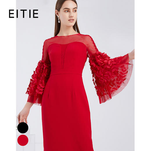 EITIE爱特爱秋季新款网纱镂空气质包臀喇叭袖长款礼服连衣裙 商品图5