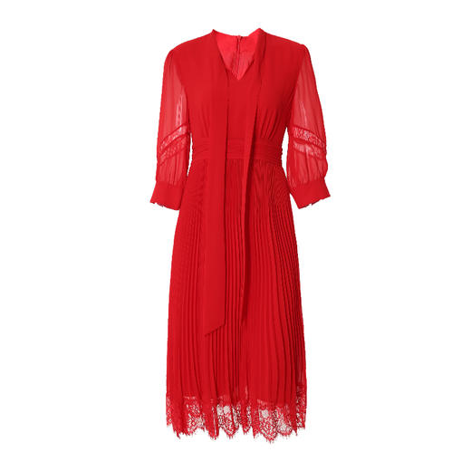 EITIE爱特爱秋季新款气质飘带V领七分袖显瘦A字百褶连衣裙女6507231 商品图4